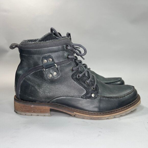 Steve Madden New Guy Boots Men's Size 11 Black Rustic Leather Lace Up Mid Moc - Picture 1 of 13